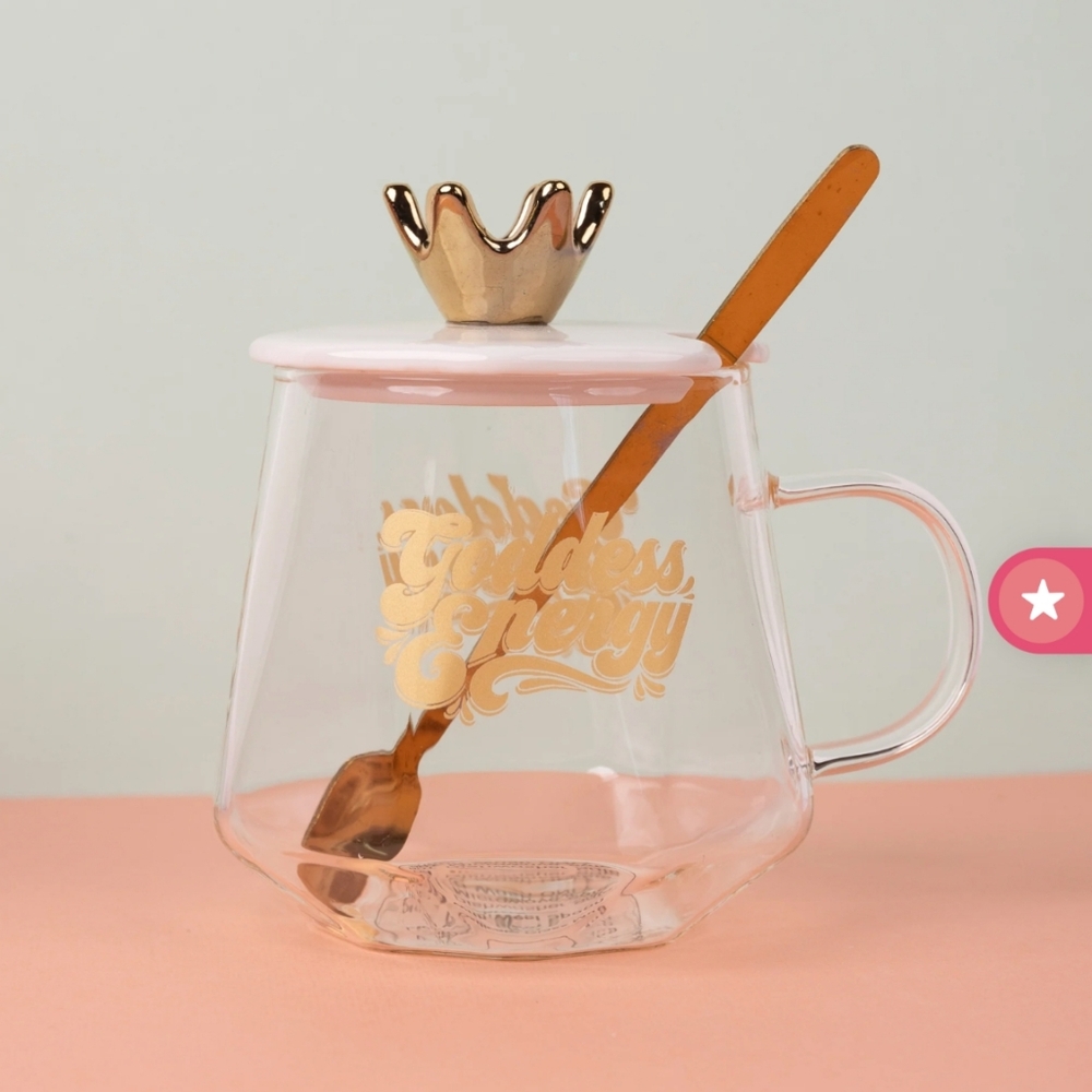 "GODESS ENERGY" glass mug + spoon set🍵🥄